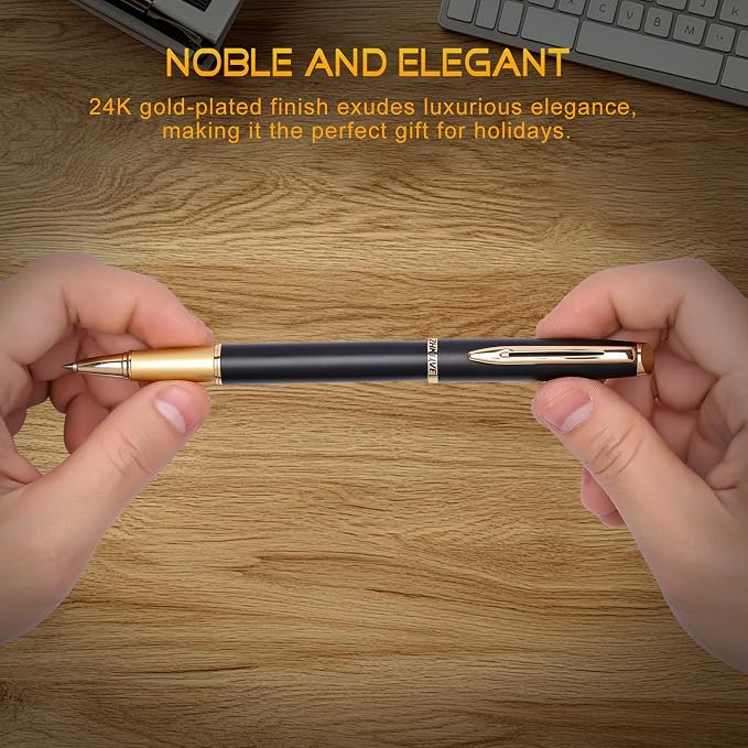ZHKUVE Luxury Rollerball Pen, Stunning Black Lacquer with 24K Gold Trim, Switzerland Tip with Black Ink Refills, Elegant Gift Set for Men & Women, Executive Writing
