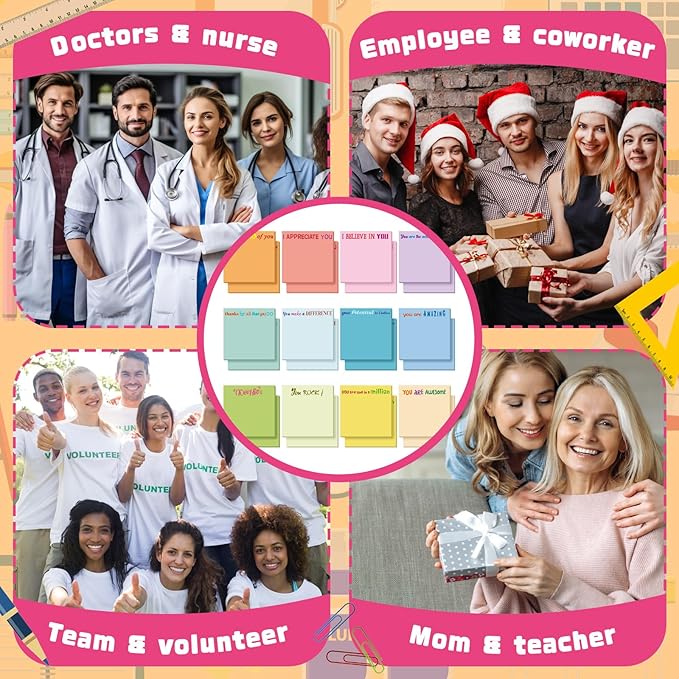 Yinder 12 Pcs Inspirational Sticky Notes Thank You Gift Motivational Sticky Note Pad Employee Appreciation Gift Bulk for Staff Coworker Teacher Nurse Office Groups 3 x 3'' (Appreciation,Simple Color)