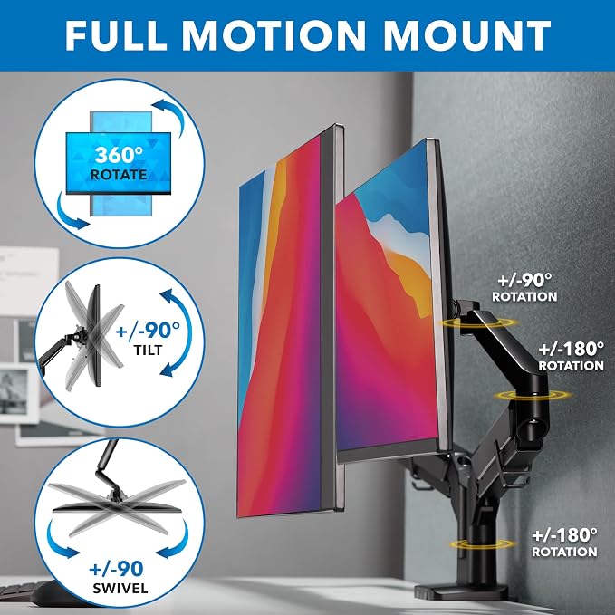 Mount-It Dual Monitor Arm Desk Mount, Low Profile Gas Spring, 17-32 in. | Fits Walls, Space Saving Steel, 19.8 lbs Each, Full Motion Height Adjustable, VESA 75x75/100x100, C-Clamp/Grommet, Black