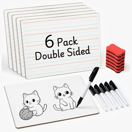 GAMENOTE 6 Pack Small Dry Erase Boards for Kids, 9x12 Double-Sided Lined and Blank Whiteboards with Markers & Erasers, for Classroom and Homeschool Writing Board