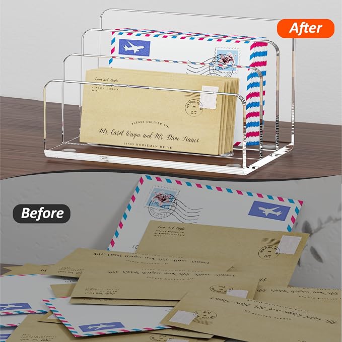 FUCDTEFC Desk Mail Organizer, 3 Section Clear Acrylic File Holder Letter Organizer, Vertical Lightweight Modern Envelope Holder Desk Accessories & Workspace Organizers for Office, Home, School | Vertical, Envelope, Lightweight, Countertop, Bill Holding...