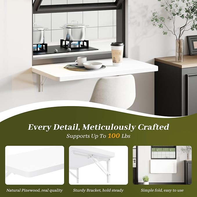 Dogsky Floating Wall Desk, 24" x 14" Wall Mounted Folding Table, Pine Wood Fold Down Wall Table, 100 lb Capacity Wall Mount Desk for Small Apartment, Laundry Room,Kitchen,Bar & Computer Use, White