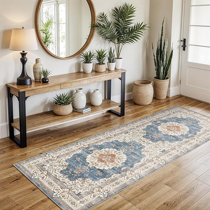 2x5 Washable Hallway Runner Rug:Oriental Indoor Kitchen Rugs Vintage Door Mat Non Slip with Rubber Backing Low Pile Thin Carpet for Bedroom Bathroom Living Room Bedside (2x5 Blue/Beige)
