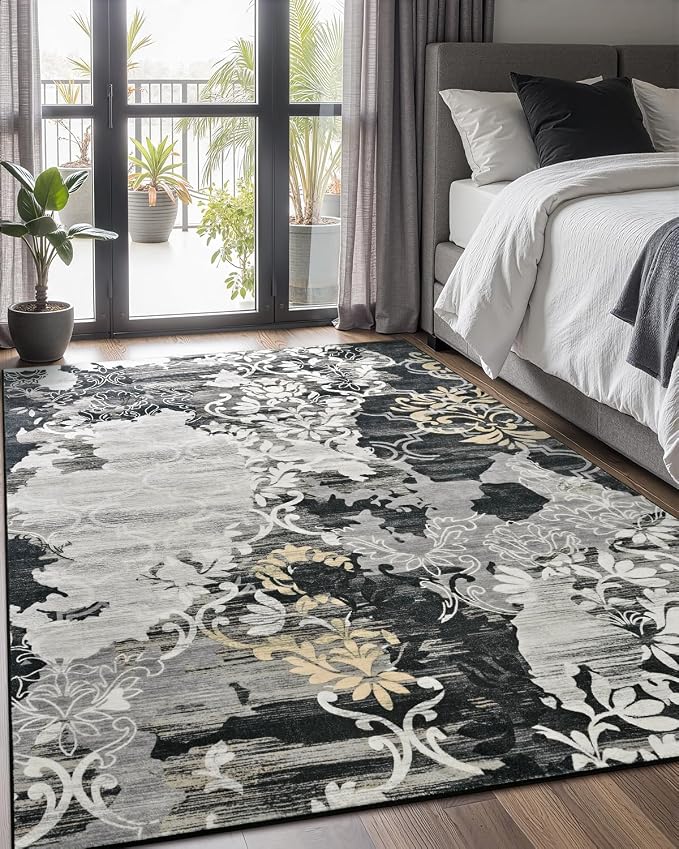 Washable Abstract Rug, 8x10 Black Floral Area Rugs with Non-Slip Rubber Backed for Living Room, Low Pile Modern Throw Carpet Bedroom Dining Room Decor