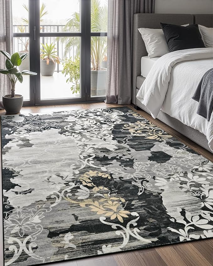 Washable Abstract Rug, 6x9 Black Floral Area Rugs with Non-Slip Rubber Backed for Living Room, Low Pile Modern Throw Carpet Bedroom Dining Room Decor