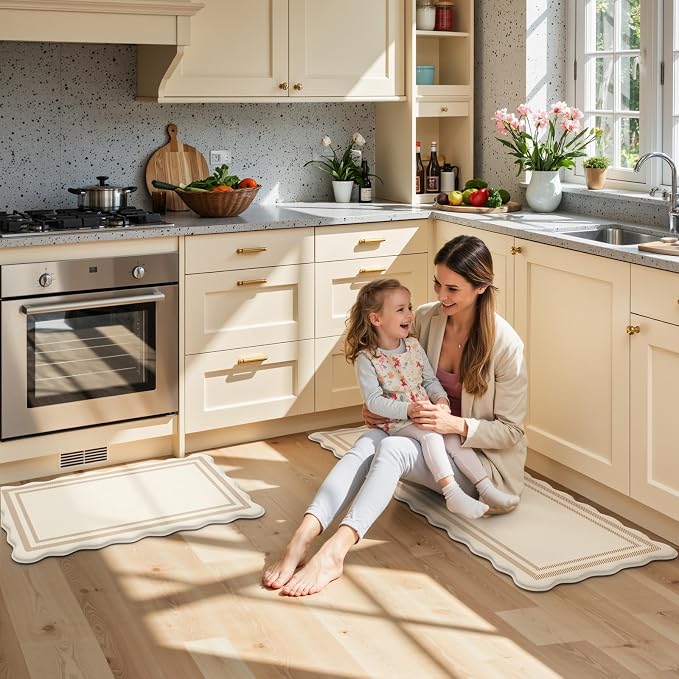 KIMODE Anti Fatigue Kitchen Mats, Beige Scalloped Rugs for Kitchen Floor | Padded Kitchen Floor Mats,Boho Kitchen Rugs Sets of 2,Cushioned Standing Mat for Laundry Office Bath Sink 17"x47"+17"x29"