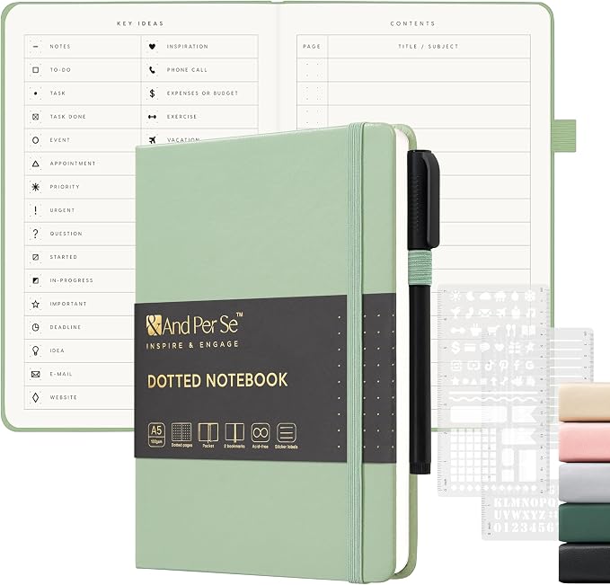 &And Per Se Dotted Notebook, A5 Hardcover with Journal Dotted Pages, Journal Stencils & Pen, 176 Numbered Pages for Beginners Women Men (Light Green)