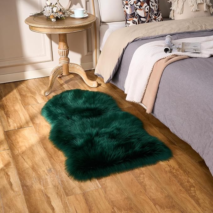 EasyJoy Ultra Soft Fluffy Shaggy Area Rug Faux Fur Rug Chair Cover Seat Pad Fuzzy Area Rug for Bedroom Floor Sofa Living Room (2 x 4 ft Sheepskin, Dark Green)