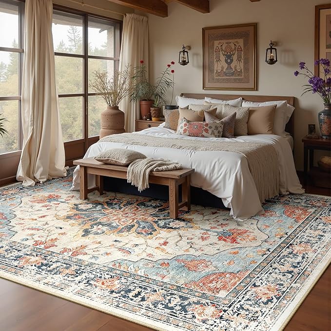 RELEANY Area Rugs 7'x9' Washable Non-Slip, Floral Vintage Distress Medallion Carpet for Living Room Bedroom Dining Room, Beige Navy Blue Orange Colorful