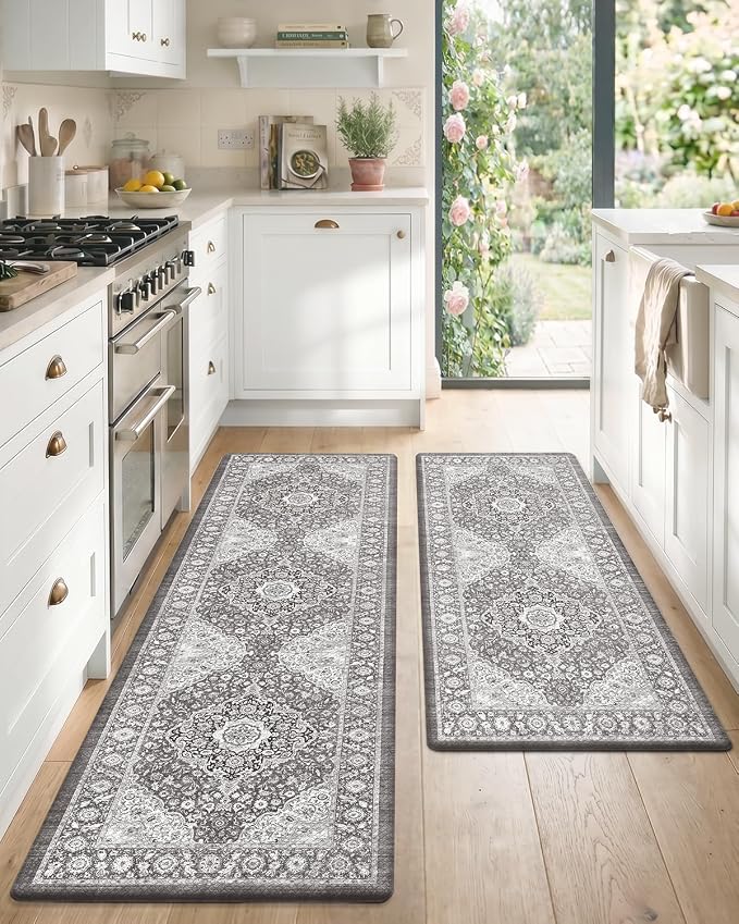 Color&Geometry Kitchen Mat 2PCs-24x59+24x87 Vintage Anti Fatigue, Grey | 0.4in Cushion Standing Mat For Cooking/Working/Laundry, Boho Decor, Non Slip PVC Kitchen Rug, Oil/Water Proof, Anti Slip