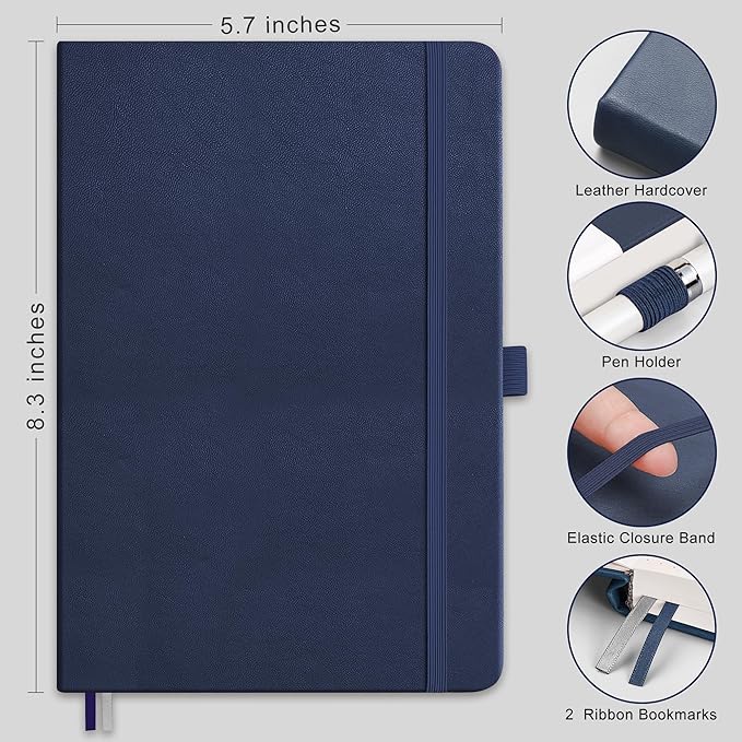 RETTACY Lined Journal Notebook, 2-Pack, 192 Numbered Pages per Pack, A5 Medium Size (5.7'' x 8.3''), for Men & Women, Writing, Work, Leather Hardcover, 100 GSM Thick Paper (Black & Navy Blue)