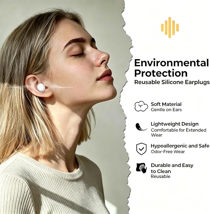 Noise Reduction Ear Plugs,Reusable Silicone Earplugs for Sleeping, Snoring, Travel, Comfortable Side Sleepers (White)