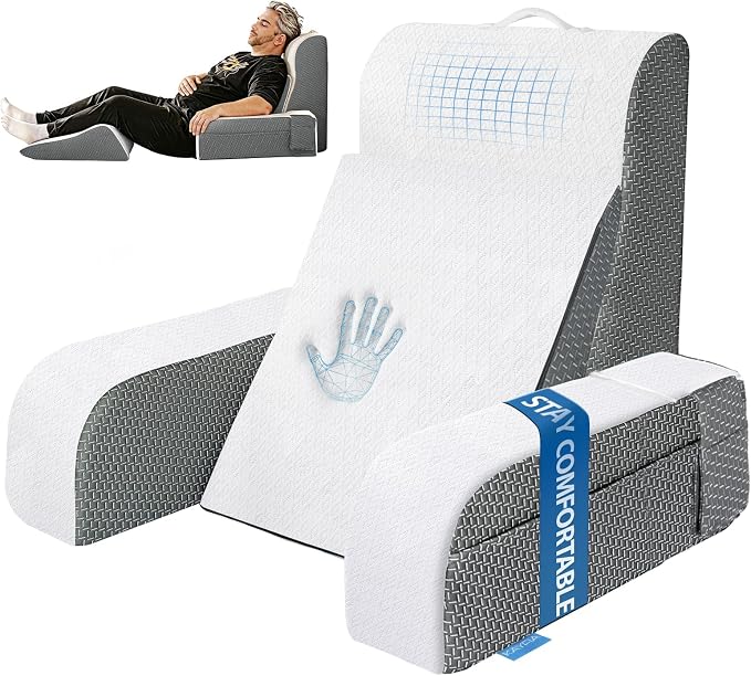 Kayfia Reading Pillow, Gel Memory Foam Back Rest Pillow, 21'', White | 3 Storage Pockets, Dual-Use Back Leg Support Pillow, Detachable Armrests, Ideal for Reading, Gaming, Working on Bed & Couch