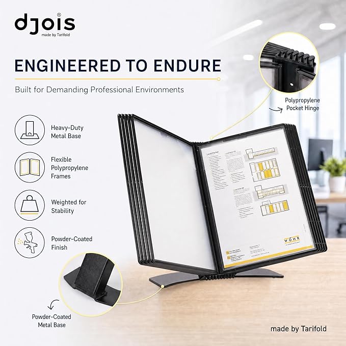 Tarifold Desktop Reference & Display System, 10 Double-Sided Pockets, 20 Sheet Capacity, Durable Metal Base, Easy-Load Polypropylene Pockets, Letter-Size, Made in Denmark, Black