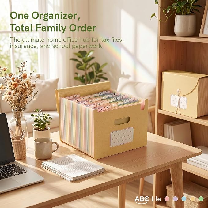 ABC life 26 Pockets Accordion File Organizer, High Capacity Expanding File Folder for Letter A4 Size, Portable Document Holder with A-Z Tabs for Tax Receipt, Teacher & Home Office - Butter Yellow