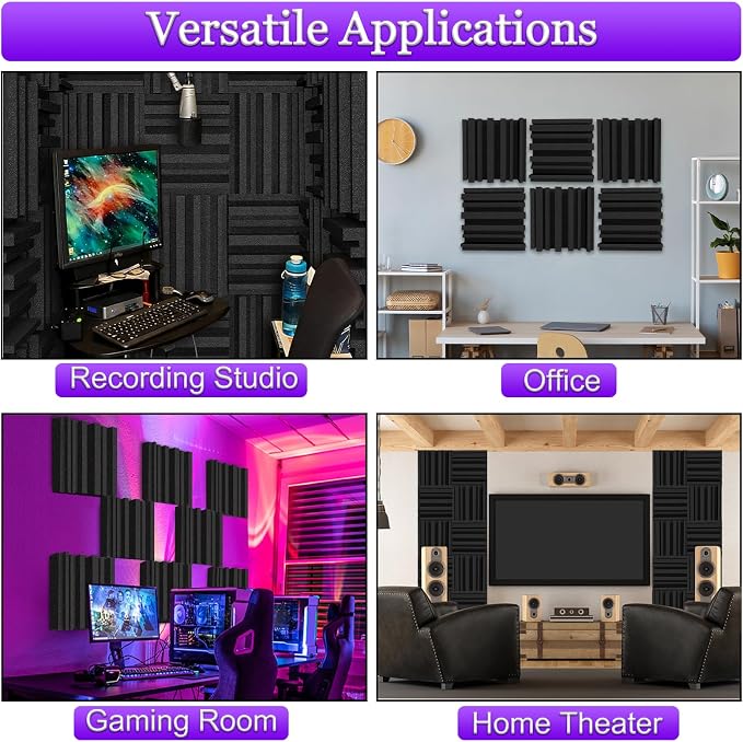 TroyStudio Thick Acoustic Foam Panels, 12 X 12 X 4 Inch 12 Pcs Broadband Sound Absorbing Foam, Dense Soundproof Padding Tile, Recording Studio Foam Absorber, Groove Decorative 3D Wall Ceiling Panel