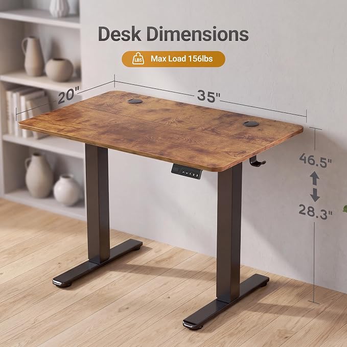 Claiks Electric Small Standing Desk, 35x20 Inch, Rustic Brown | Adjustable height for sit-stand, 156lbs capacity, scratch-resistant surface, 3 memory presets, cable management & hook.