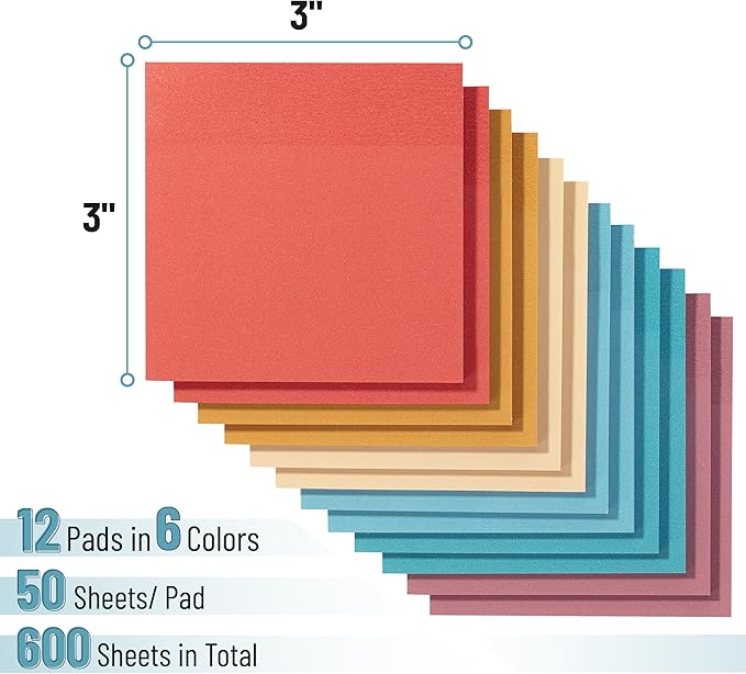 Mr. Pen- Sticky Notes, 3”x3”, 12 Pads, 600 Sheets, Vintage and Retro Colors Sticky Notes 3x3, Stocky Notes for Bible Journaling