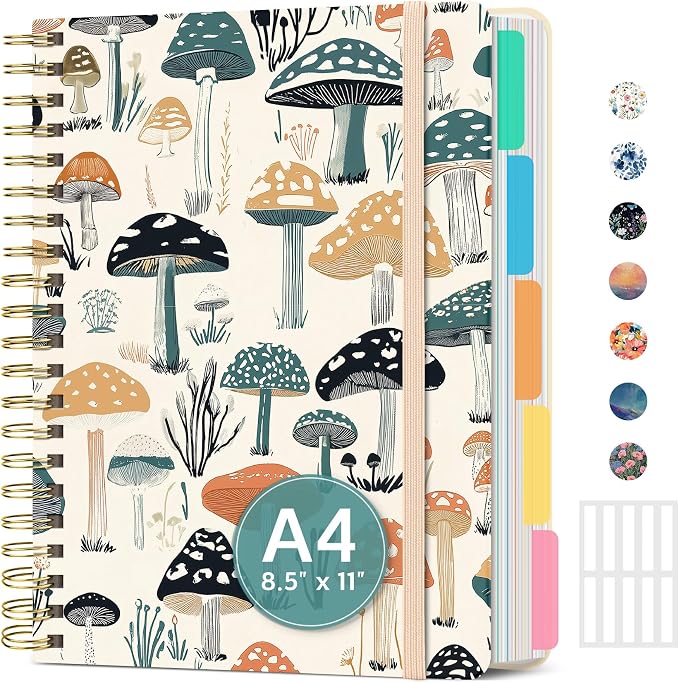 Large Spiral Lined Notebooks for Work with Removable Dividers & Tabs, 8.5"x11" Pretty Hardcover 5 Subject Notebook Journal for Women, College Ruled, Perfect for Study & Office Organization, 280 Pages,Mushrooms Grove