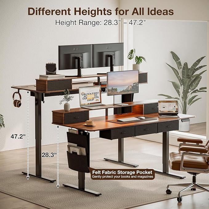 71x32 Inch Electric Standing Desk with 5 Drawers, Sit Stand Desk with Power Outlets, Monitor Shelf, LED Light and Cable Management, Height Adjustable 28.3-47.2 Inch for Home & Office, Walnut