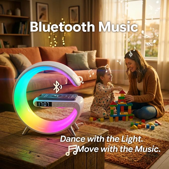 Smart LED Table Lamp Alarm Clock for Bedroom with Wireless Charging Bluetooth Speaker, App Controlled Night Light for Kids, Christmas Birthday Gifts for Teens Adults Desk Office Bedroom Decor (White）