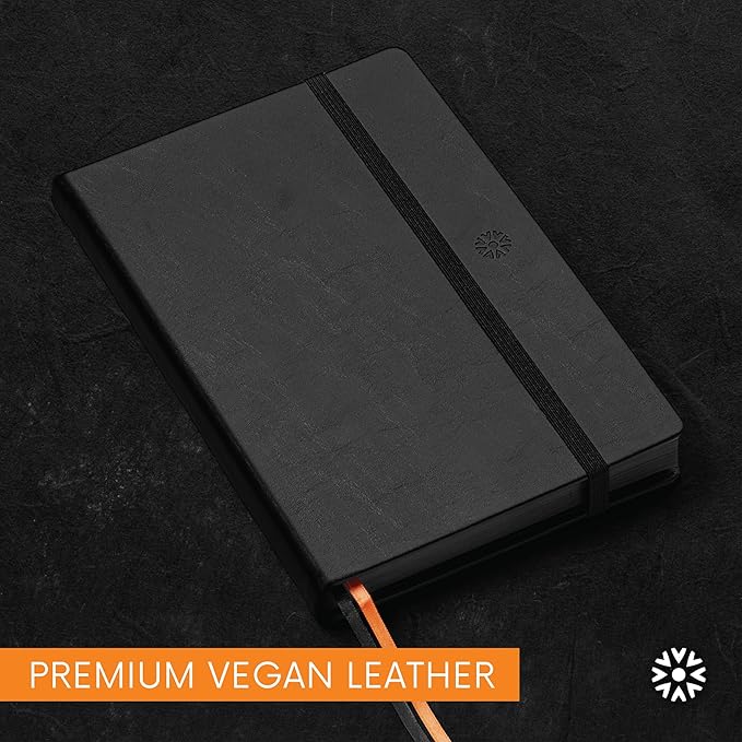 Notsu Pitch Black Paper Notebook A5 Dotted Journal | Minimalist Bullet Dot Grids with 160 Black Pages of Premium Thick 150gsm Paper, Vegan Leather Hardcovers