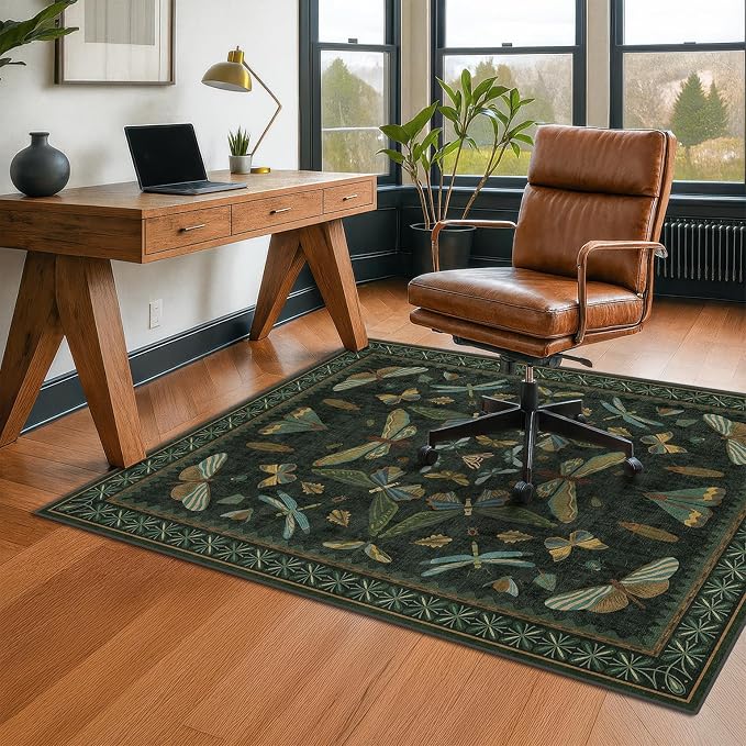 4'x5' Dark Green Office Chair Mat for Hardwood Floors, Insect Boho Design,Non-Slip Low Pile Desk Rug, 48"x60" Small Area Rug for Computer Desk Home Office, Machine Washable WFH Essential for Dorm Room