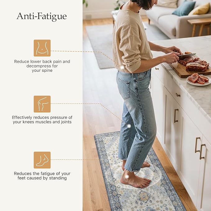 GENIMO Anti Fatigue Kitchen Mats for Floor 2PCS, Cushioned Standing Mats | 17.3"x59"&17.3"x30", Light Green vintage boho rug set, waterproof, non-slip, easy-clean for home laundry sink farmhouse