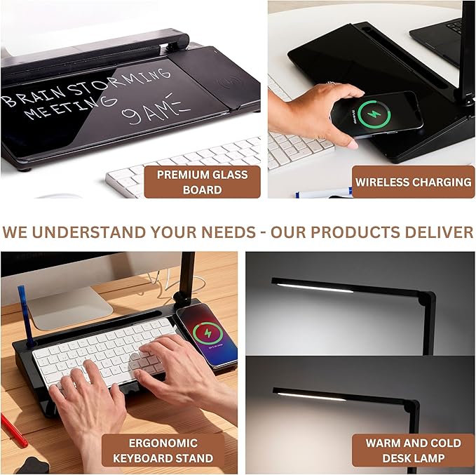 GAROOD Desktop Dry Erase Board with Storage Wireless Charger LED Lamp (Black) Desk White Board Desk Board Glass Desktop White Board with Stand Home Office Organizer Phone Holder 15.8X7X2 inches