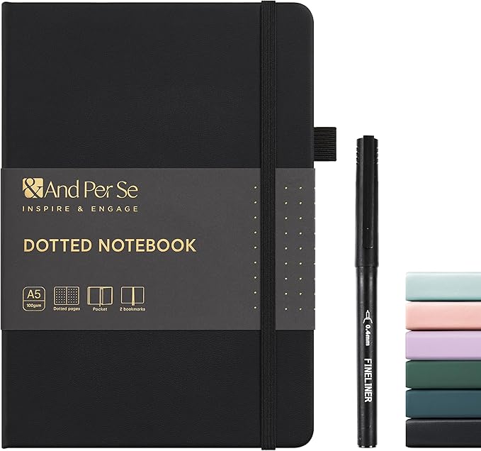&And Per Se Dotted Journal and Pen Set, A5 Leather Hardcover Dotted Notebook, 160 Pages 100GSM Thick Paper Dot Grid Journal with Fineliner Pen (Black)