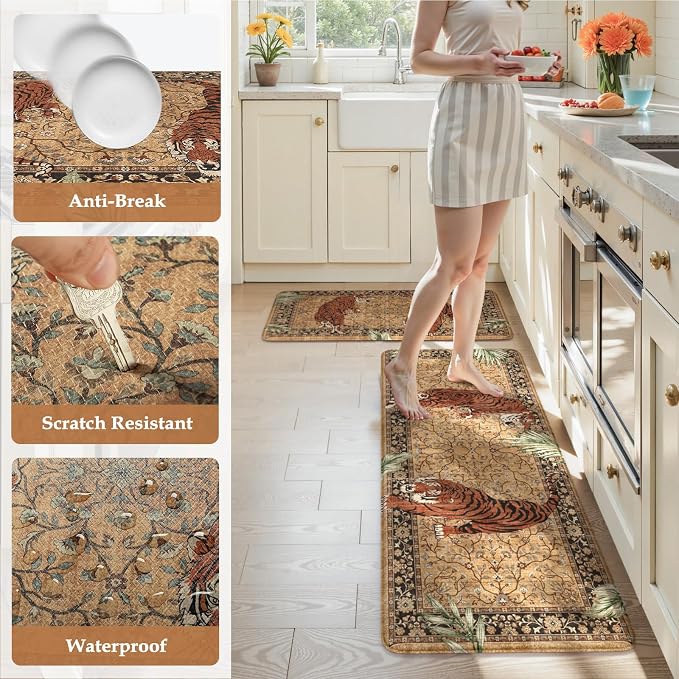 KIMODE Kitchen Mats for Floor Anti Fatigue 17"x47"+17"x29", Farmhouse Tiger Kitchen Rugs Sets of 2, Tan Rugs for Kitchen Floor, Memory Foam Standing Mats for Laundry Office Sink Desk