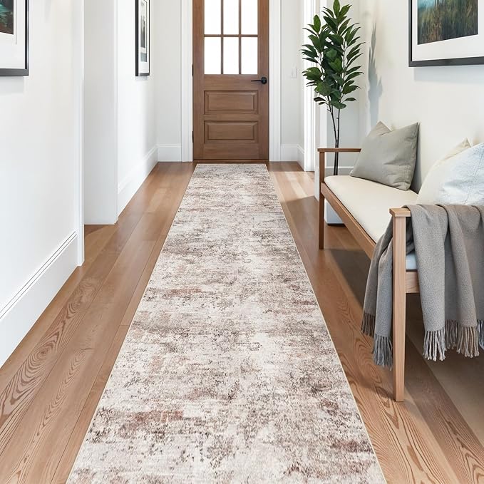 RUUGME Washable Hallway 3x25 Rug - Abstract Runner Rugs for Living Room Non Slip Indoor Entryway Carpet for Bedroom Kitchen Soft Low Pile Stain Resistant Floor Decor Mat 3x25 Brick/Brown/Beige