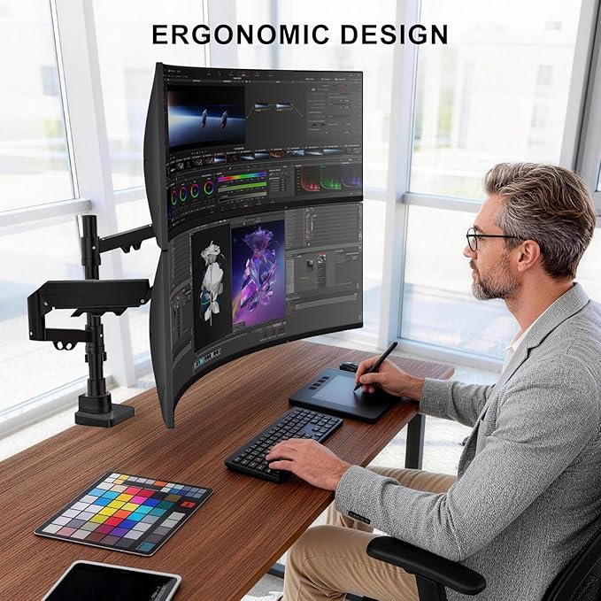 WALI Vertical Dual Monitor Stand for 17-49 inch Ultrawide Curved Screens, Heavy Duty Stacked Dual Monitor Mount with Tall Pole, Adjustable Gas Spring Monitor Arm up to 33lbs, 75/100mm VESA, Black