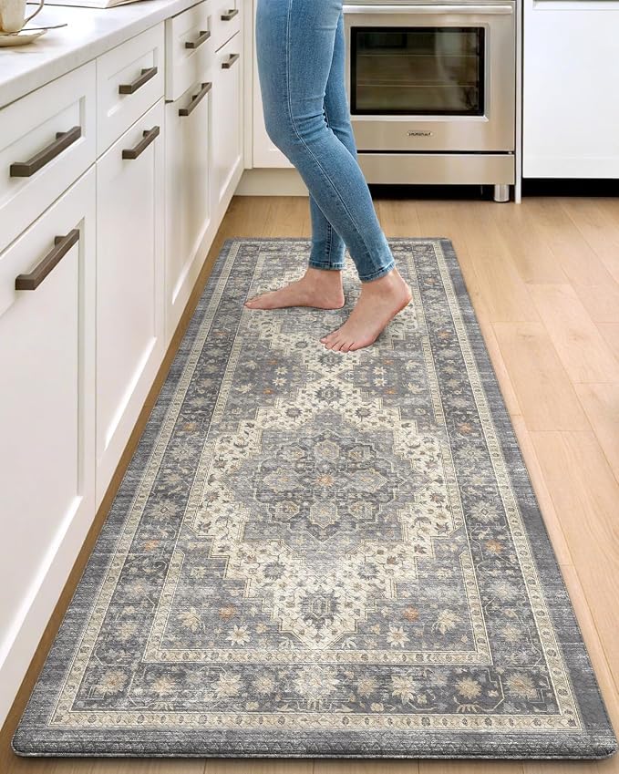 DEXI Kitchen Floor Mats Anti Fatigue, 23x59 Large Long Cushioned Vintage Runner Rug Waterproof, Standing Comfort Memory Foam Padded for Front Sink Laundry Office, Pale Grey