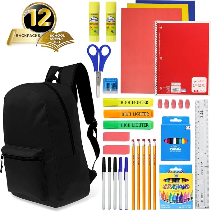 17 Inch Bulk Backpacks in Black Color with 50 Piece Student Supplies Kits - Pens, Pencils, Crayons, and More, Wholesale Case of 12 Value Bundle Packs