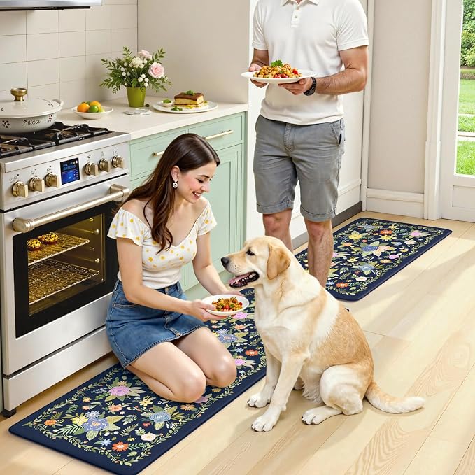 KIMODE Anti Fatigue Kitchen Mats for Floor,Farmhouse Rugs for Kitchen Floor | Cushioned Kitchen Floor Mat Non Slip, Comfort Standing Mat for Laundry Office Bath Sink Desk Dormitory Blue 17"x47"+17"x29"