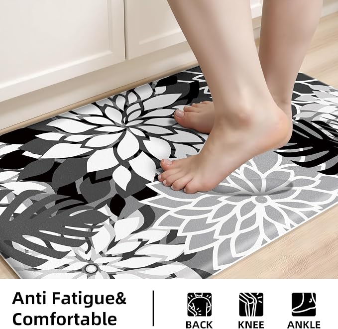 Arenarug Kitchen Mats for Floor 2 Piece Cushioned Anti Fatigue Kitchen Mats Waterproof Non Slip Kitchen Mat Rug Set Comfort Foam Standing Mat for Sink, Laundry, Office, Black White