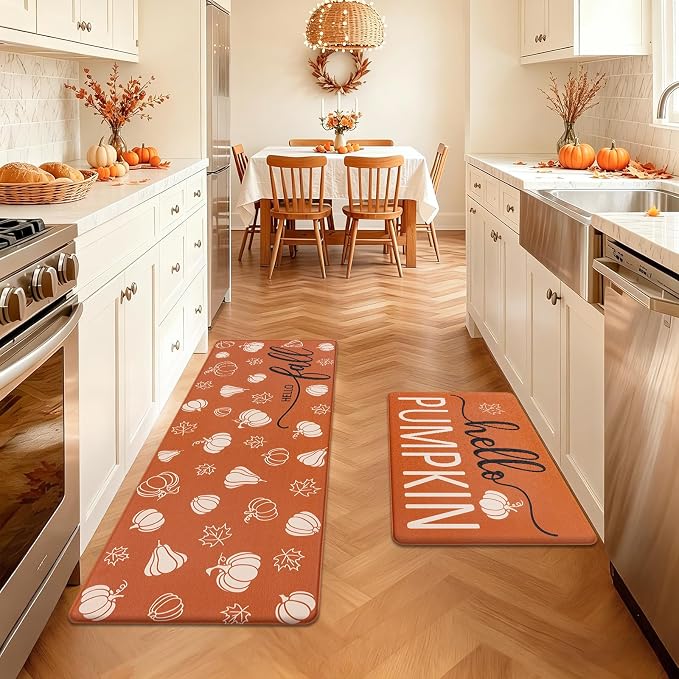 SHACOS Anti Fatigue Fall Kitchen Rugs Set of 2 Orange Mats Beige Pumpkins | Waterproof Non Slip Cushioned Kitchen Floor Mats Harvest Autumn Farmhouse Comfort Standing Mat 17x27.5+17x47"