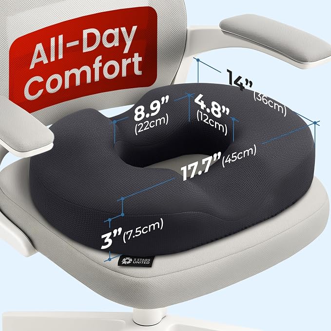 5 STARS UNITED Donut Pillow for Tailbone Pain & Hemorrhoids – Large Memory Foam Seat Cushion with Cooling Gel Layer for Bed Sore-Prone Areas & Pressure Relief – Black Mesh Cover