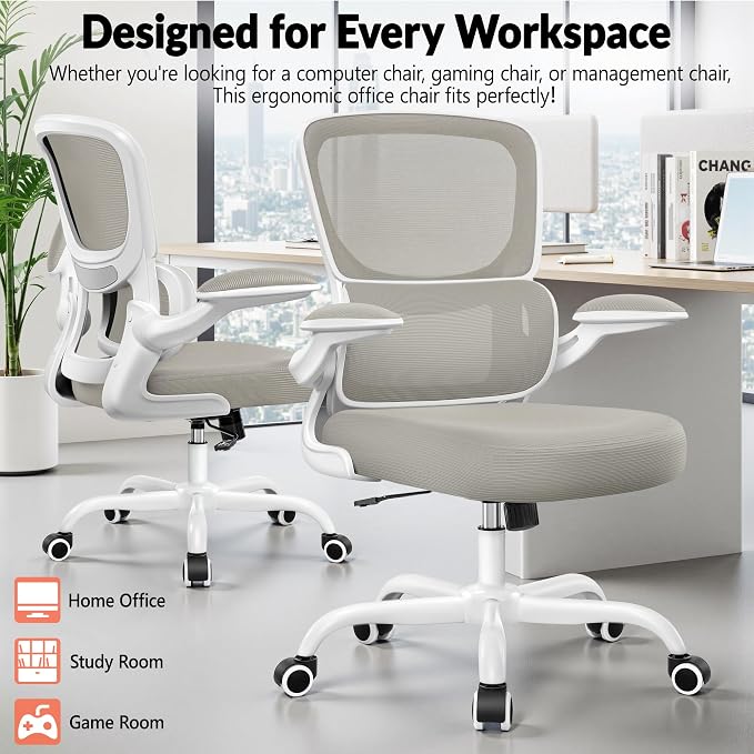 BESTFAIR Ergonomic Mesh Office Chair, Breathable Mesh Computer Desk Chair, Adjustable Lumbar Support, Flip-up Armrests, Executive Swivel Chair for Home Office, LightGray Pack of 2