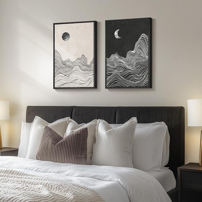 Framed Black and White Abstract Wall Art, 2 Piece Modern Canvas Prints Paintings Artwork for Walls, Abstract Mountain and Moon Pictures for Bedroom, Living Room, Dining Room Wall Decor 16x24 In
