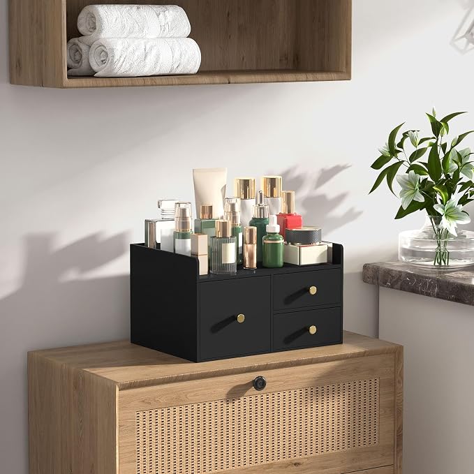 Bamboo Desk Organizer with Drawers,Wooden Desktop Storage (Black,3 Drawers) | 100% Bamboo 3 Pull-Out Drawers No Assembly Required Space-Saving Design