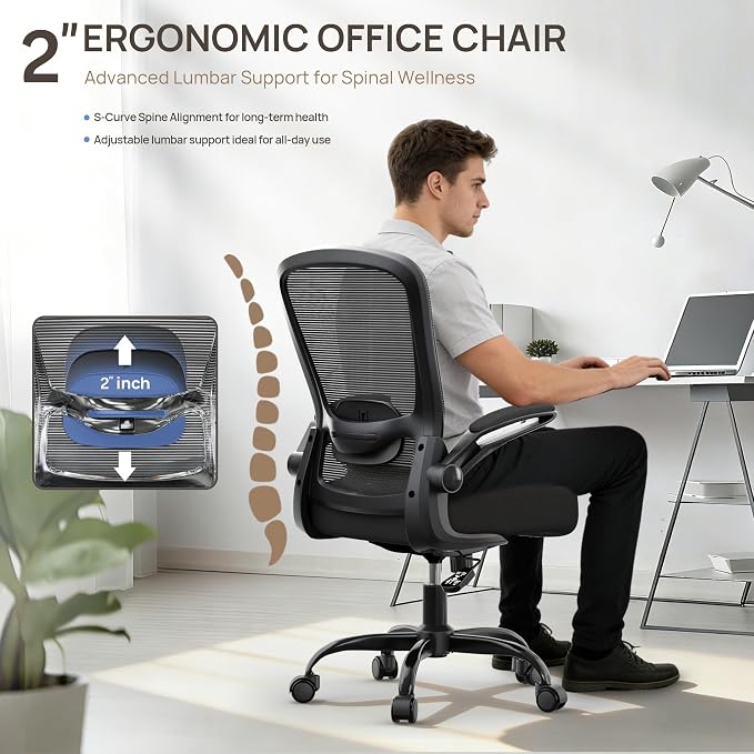 Mimoglad Ergonomic Office Chair, Comfortable Desk Chair with Flip-up Armrests, Adjustable Lumbar Support, 135° Reclining Mesh Computer Chair for Home Office, Small Spaces and Team Office, Black | Supports 300 lbs · Seat 19.48"–23.4" · Breathable mesh ·...