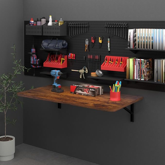 IAE Floating Foldable Desk,Wall Mounted - Folding Computer Table with Engineered Wood,Study Table with Shelf Brackets,Fold Down Shelf,Fold Computer Desk for Small Spaces,Holds 500 lb,36" x 22" Rustic