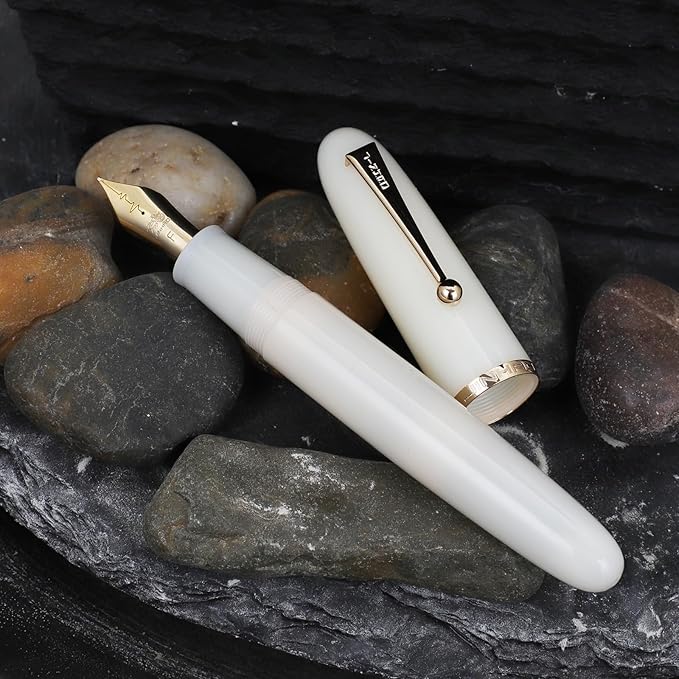 Jinhao 9019 DaDao Series Fountain Pen, Size 8 Fine Heartbeat Nib with Large Ink Converter, Ivory White Acrylic Design Smooth Writing Pen (Gold Trim)