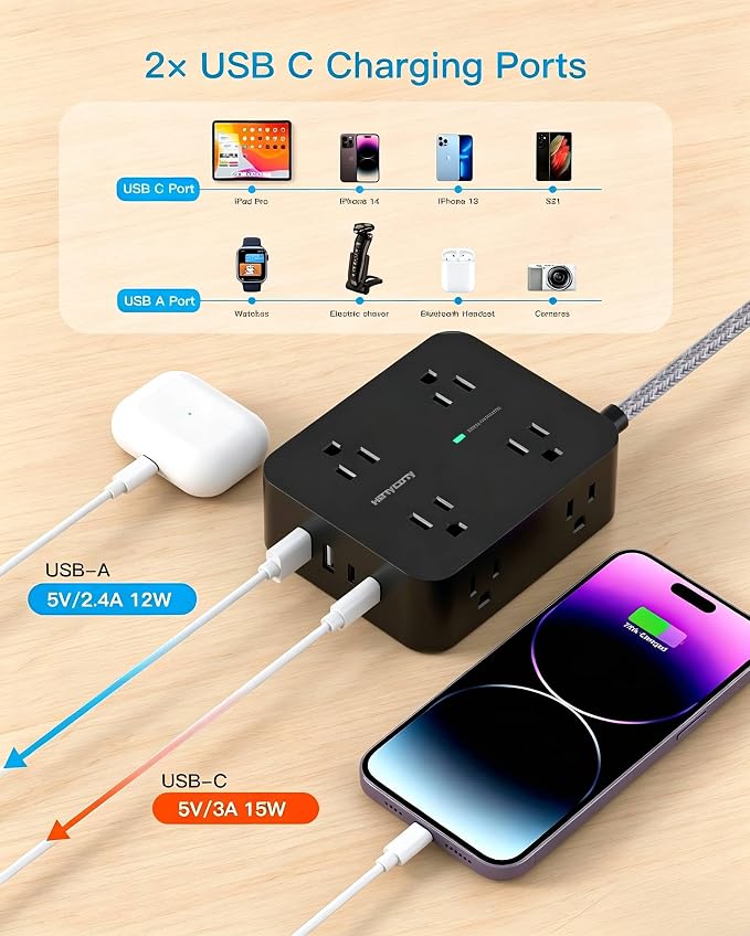 Flat Plug Power Strip Surge Protector, HANYCONY 5 Ft Flat Extension Cord with Multiple Outlets 4 USB C Ports, Multi Plug Outlet Extender Wall Mount for Home Office Desk