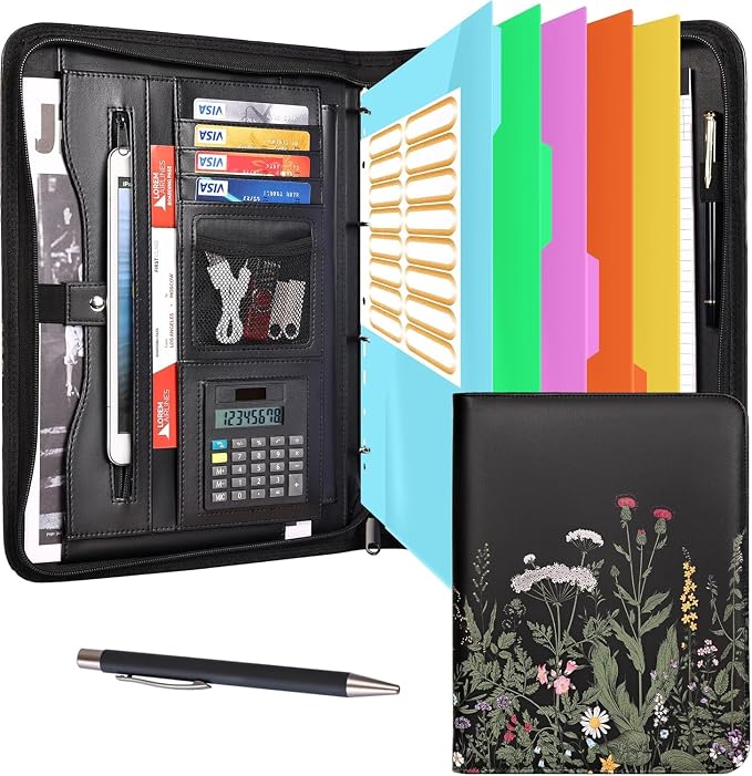 Eshow Padfolio for Men Women with Pen, Leather Portfolio with Zipper – Professional Interview Resume Organizer with Card Holder, Writing Pad & File Folders for Business, Lawyer, Student