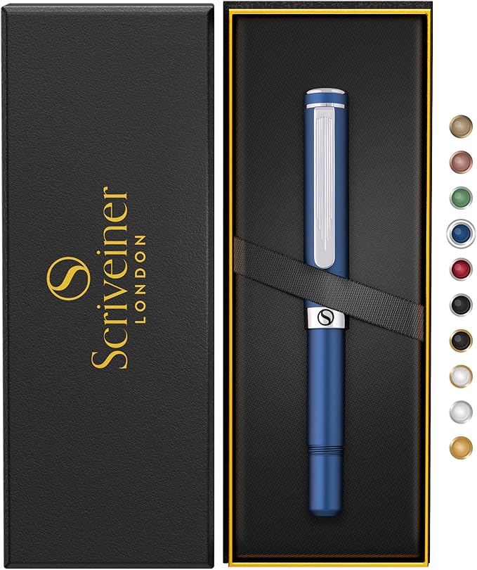 Scriveiner Blue Rollerball EDC Luxury Pen, Chrome Finish, 4 Black Refills (Medium)