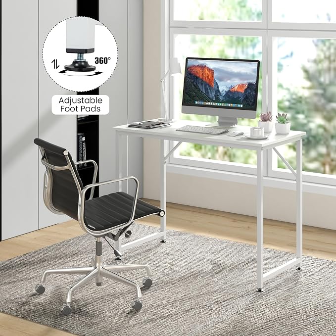 Tangkula Computer Laptop Desk, Heavy Duty Metal Frame Writing Desk, Home PC Office Desk with Adjustable Foot Pads, Conference Tables for Combined Use, Compact Task Desk for Bedroom, Study (White)