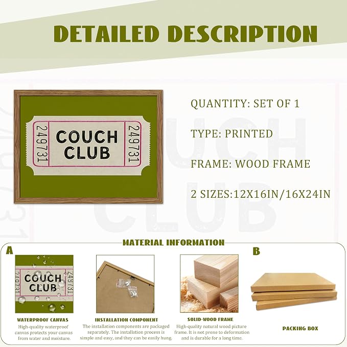 Vintage Framed Wall Art, Couch Club Ticket Canvas Wall Decor Painting, Retro Green Minimalist Quote Poster Print Picture for Living Room Bathroom Home Decor 16x24 Inch